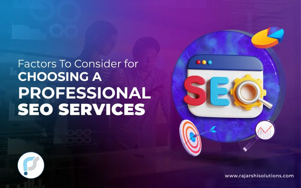 Factors for choosing professional SEO services with SEO icons and charts